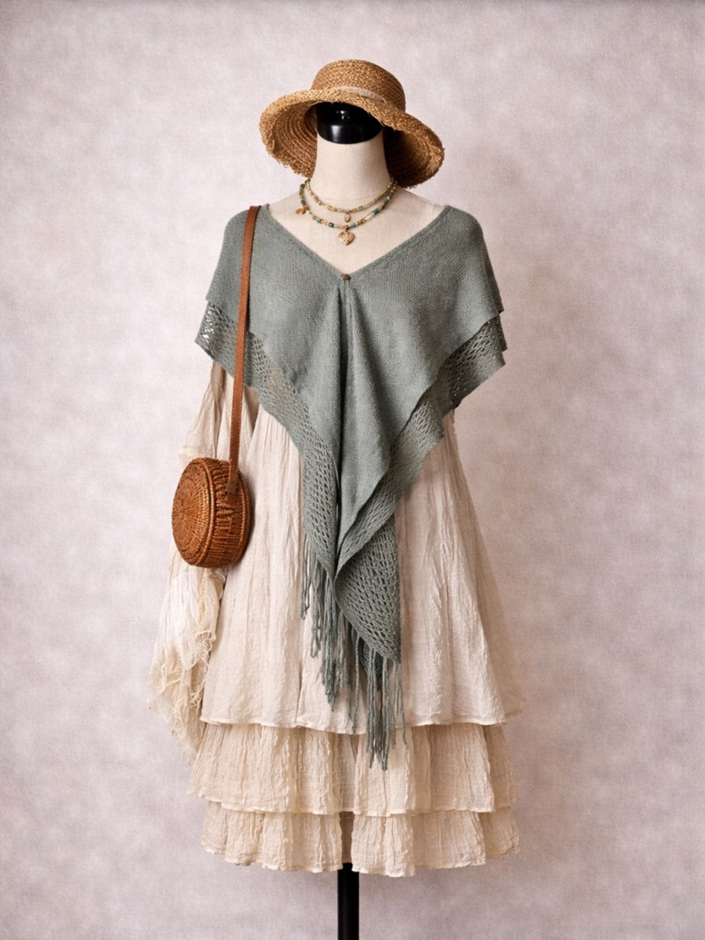 Womens Fairycore‎ Knit Fringe Shawl Wrap Cardigan Boho Gray Grunge